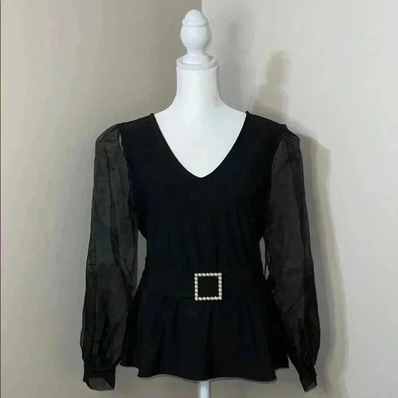 AUW Sheer Sleeve V-Neck Shirt​​​ - Picture 1 of 16